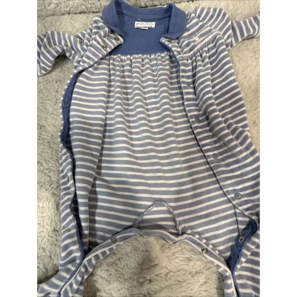 EUC Polo Ralph Lauren Blue & White Striped Velour Footie Size 6M Perfect Cond